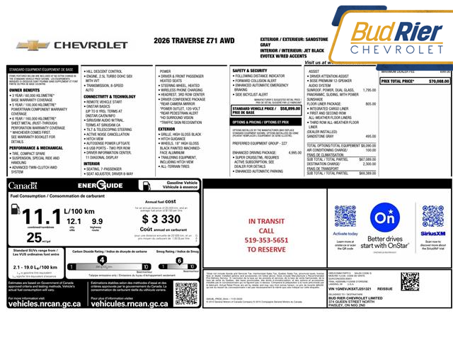 2026 Chevrolet Traverse Z71 (Stk: 2-251321) in Paisley - Image 1 of 1